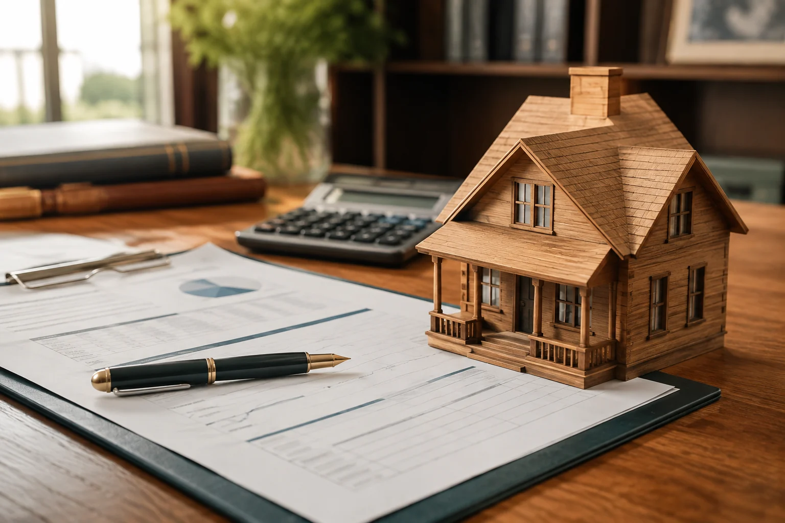 Immobilienbewertung mit Hausmodell und Unterlagen